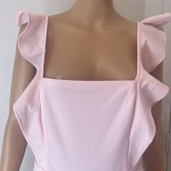 BCBG Paris Dress Pastel Pink Size Small Square Neck Flutter Sleeve Wrap Mini - Picture 3 of 11